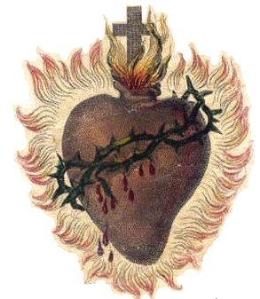  The Sacred Heart is shown wounded, encircled by a crown of thorns, surmounted by a Cross, and aflame with love for mankind. This symbol springs from the vision of the Sacred Heart had by St. Margaret Mary Alacoque.